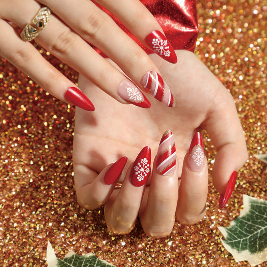 Red Ribbon Snowflakes| Medium Almond Manicure | Press On Nails N419