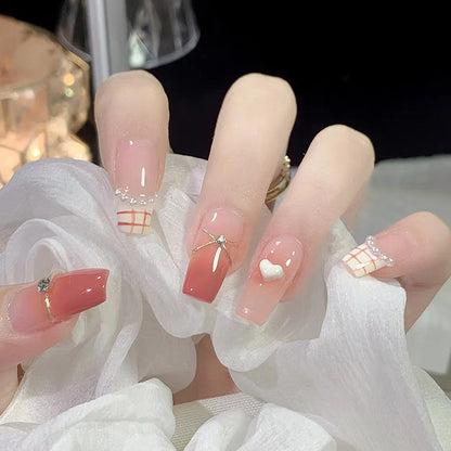 Pink Heart Diamond French  | Medium Coffin Manicure | Press On Nail