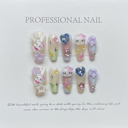 Pastel Kitty | Long Coffin Manicure  | Handmade Press on Nails H58