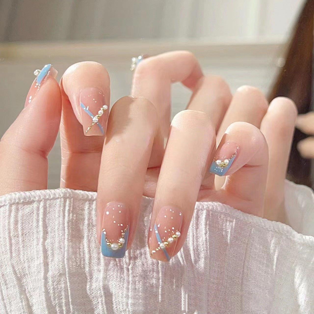 Pastel French|Medium Coffin Manicure | Handmade Press On Nails H272