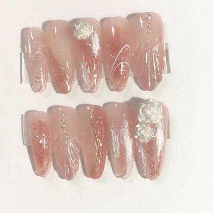 Twinkling Fairy Camellia | Medium Almond Manicure | Handmade Press On Nails H93