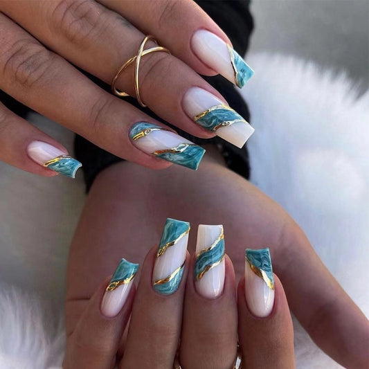 Cyan Marble Majesty | Medium Coffin Manicure | Press On Nails N447