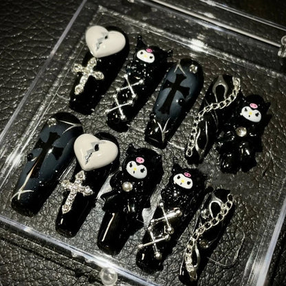 Brokenhearted Kuromi | Long Coffin Manicure  | Handmade Press on Nails H47