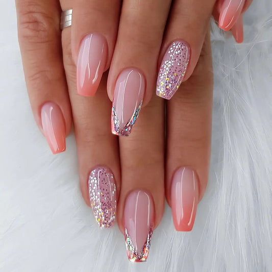 Glitzy Pink Coral | Long Coffin Manicure | Press On Nails N553