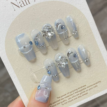 Hazy Blue Snowflake| Long Coffin Manicure  | Handmade Press on Nails H223