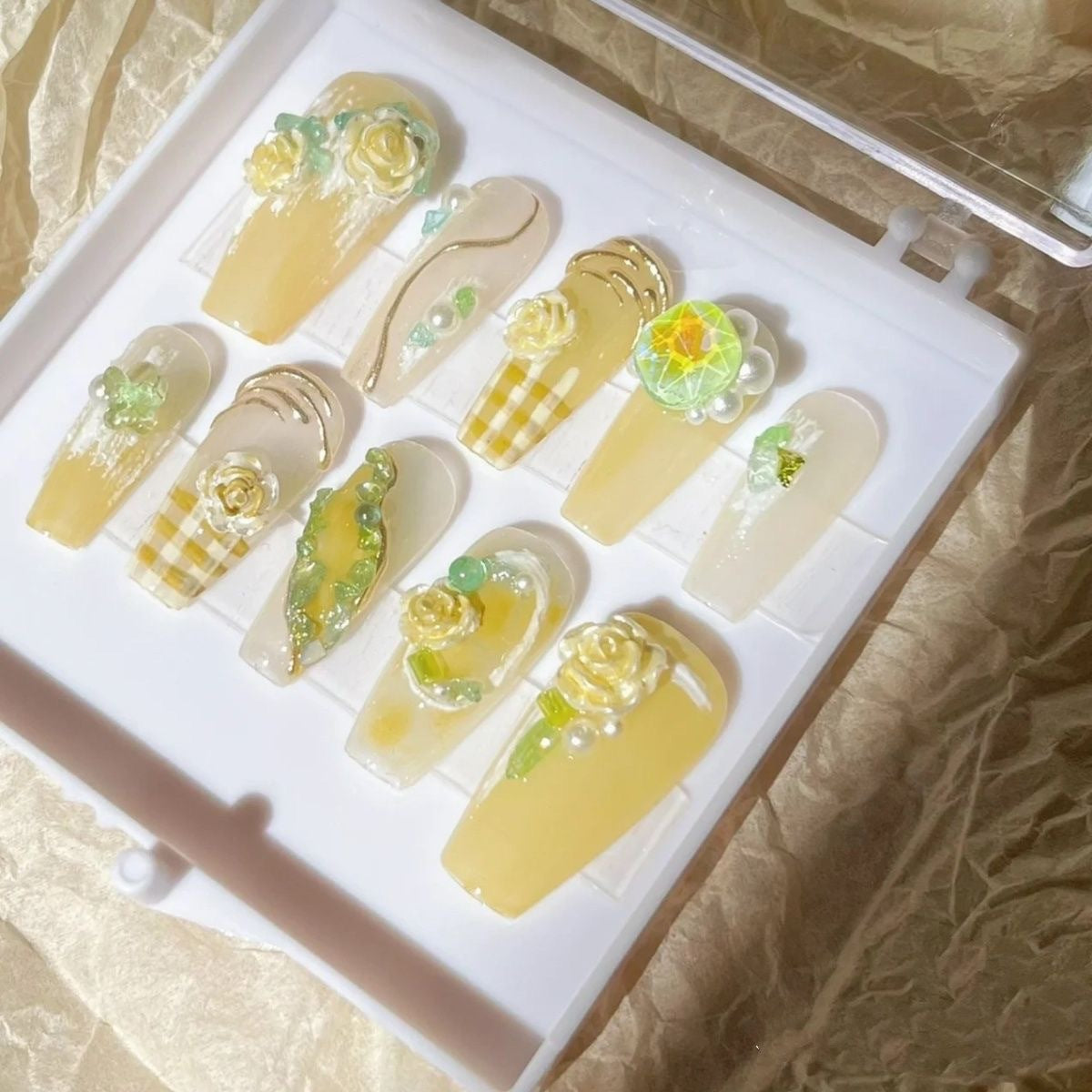 Lemon Zest Garden| Long Coffin Manicure  | Handmade Press on Nails H90