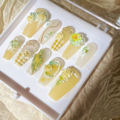 Lemon Zest Garden| Long Coffin Manicure  | Handmade Press on Nails H90