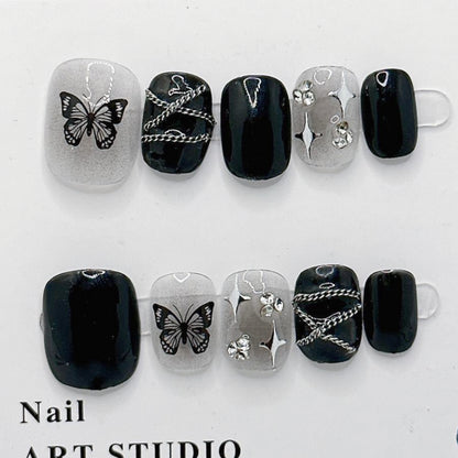 Dark Butterfly Charmer | Short Squoval Manicure | Handmade Press On Nails H65