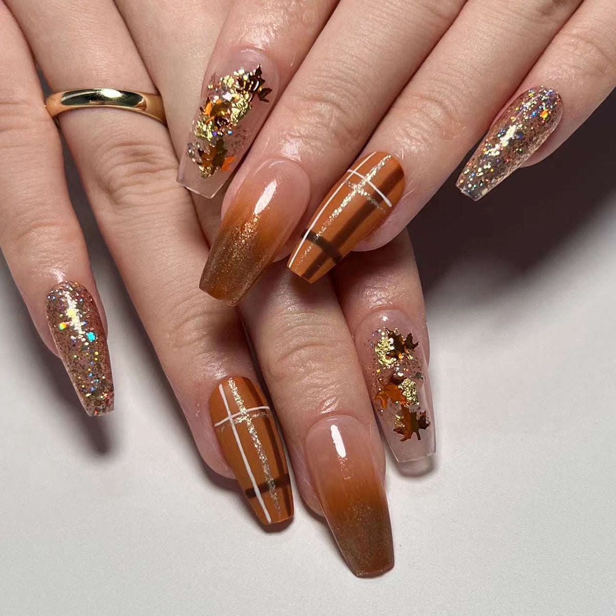 Fall Maple| Long Coffin Manicure | Press On Nails N526