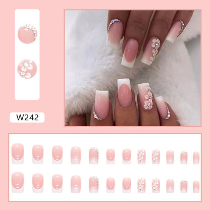 Pink Flower White French| Medium Squoval Manicure | Press on Nails N594