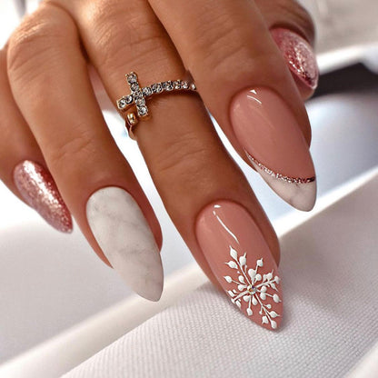 Dazzle Peachy Snowflake| Medium Almond Manicure | Press On Nails N543