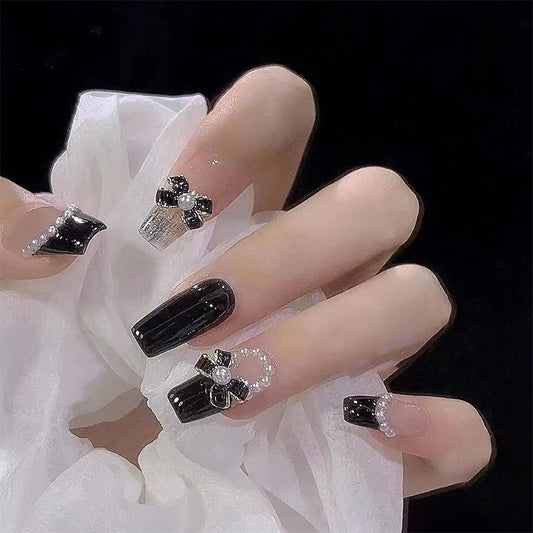 Black Bowknot | Long Coffin Manicure  | Press On Nail