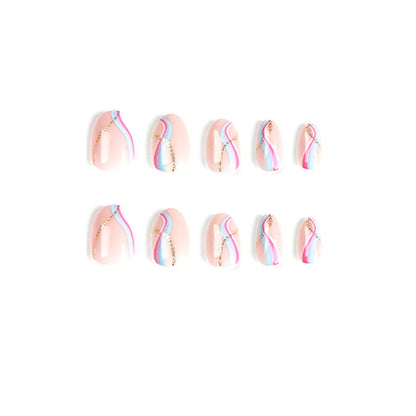 Tranquil Pink Blue Waves| Medium Almond Manicure | Press On Nails N392