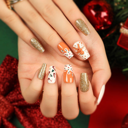 Glitzy Gingerbread | Medium Coffin Manicure | Press On Nails N397