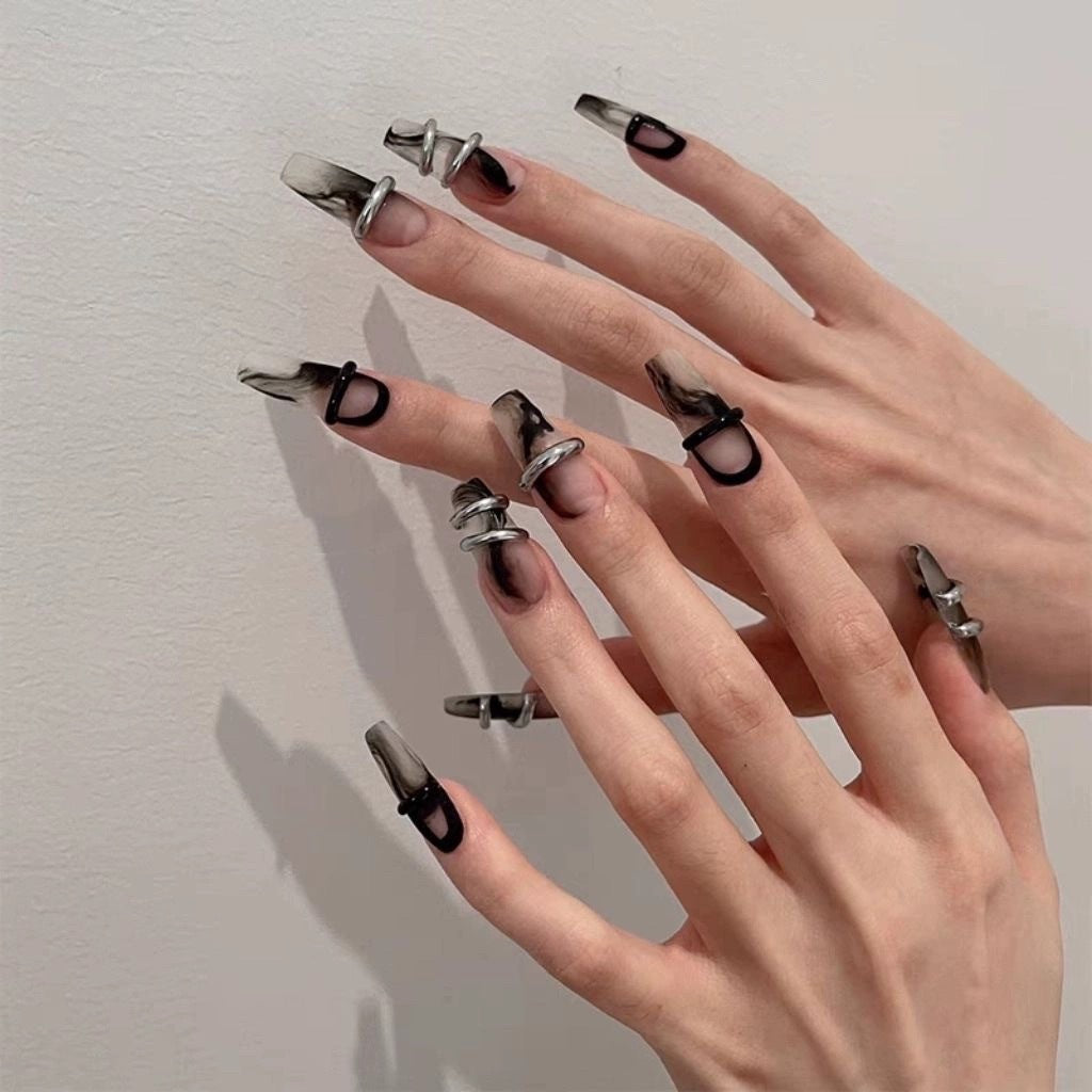 Ink Whirlwind|Long Coffin Manicure | Handmade Press On Nails H269