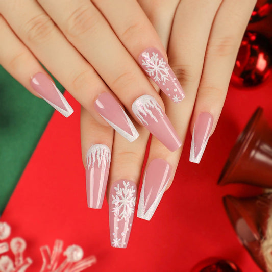 Christmas Blush Snowflakes| Long Coffin Manicure | Press On Nails N507