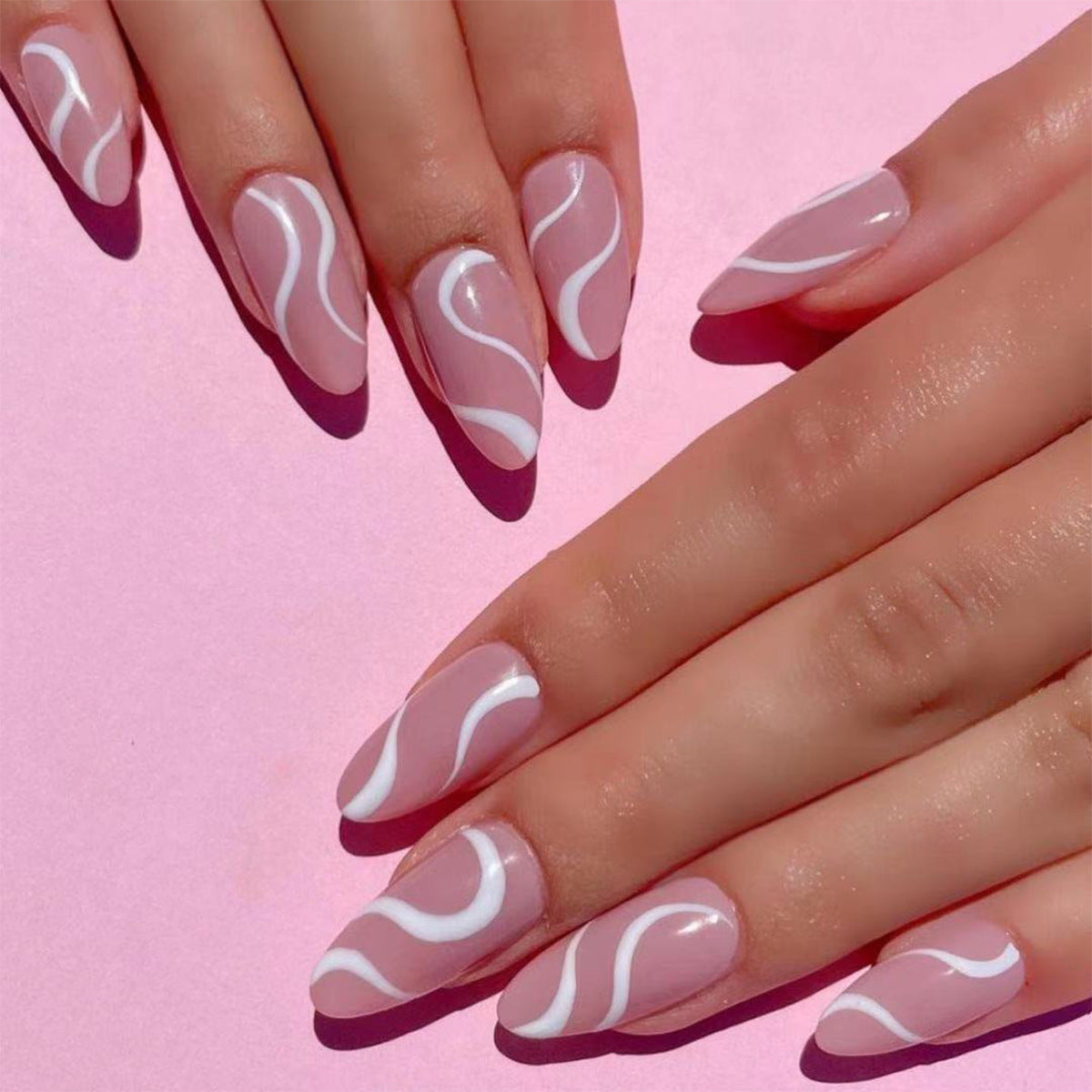 Whisper Pink Swirl| Medium Almond Manicure | Press On Nails N674