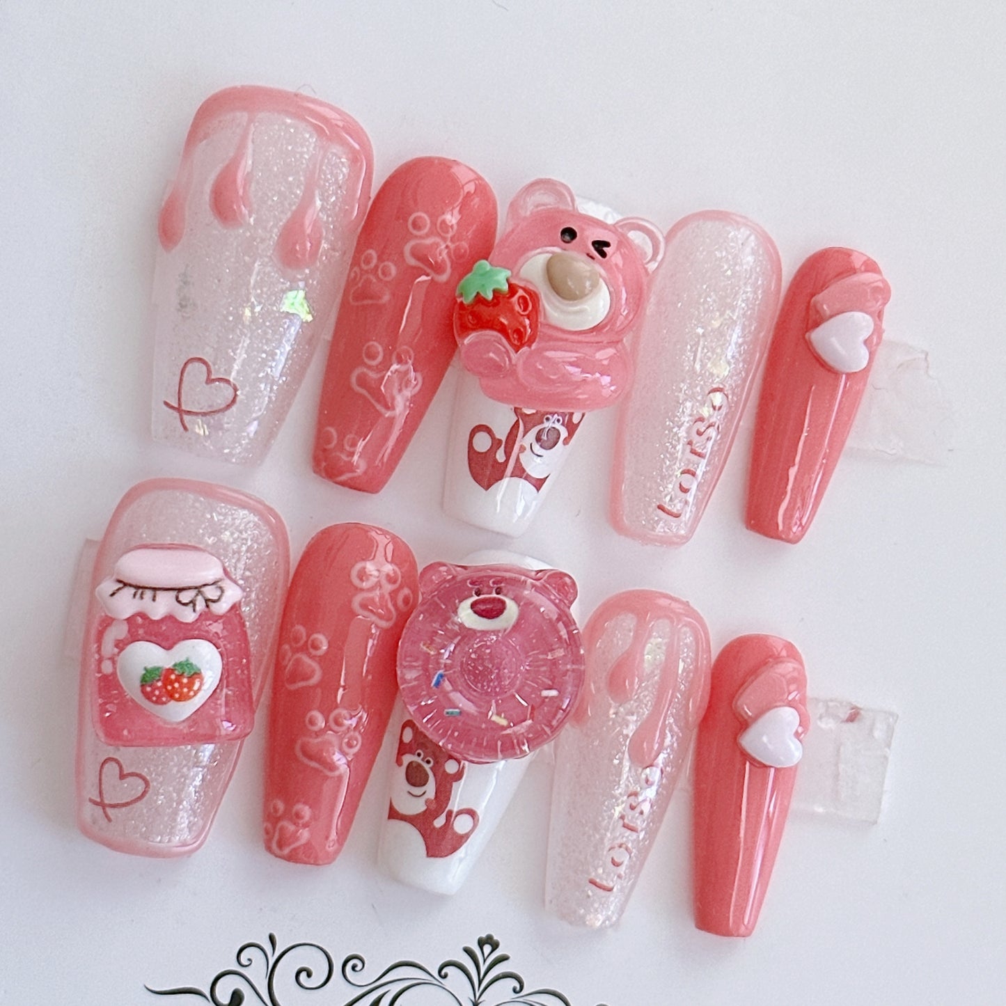 Cuddly Strawberry Bear | Long Coffin Manicure  | Handmade Press on Nails H80