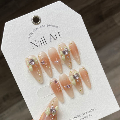 Fairylike Bow Enigma| Long Coffin Almond Manicure  | Handmade Press on Nails H91