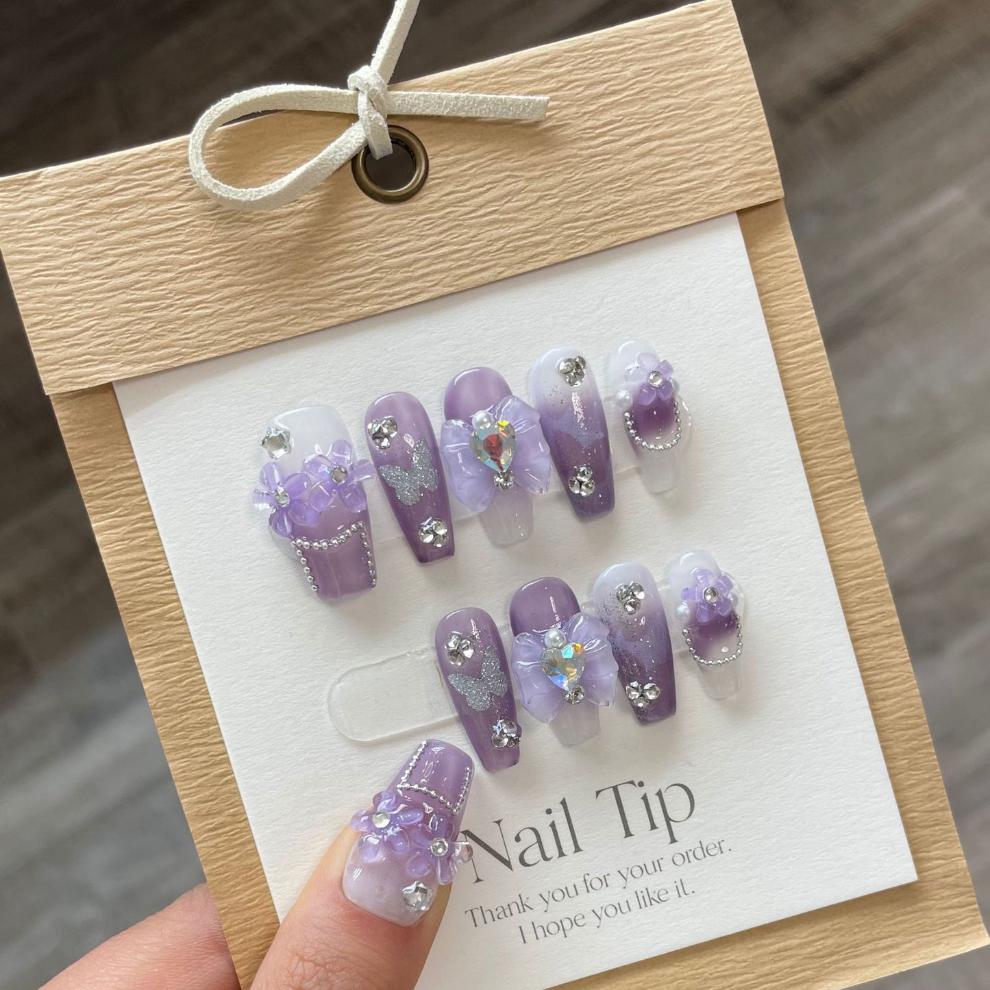 Orchid Butterfly| Long Coffin Manicure| Handmade Press on Nails H284