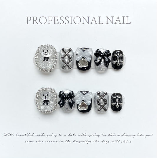 Endearing Bear Charms|Short Squoval Manicure | Handmade Press On Nails H241