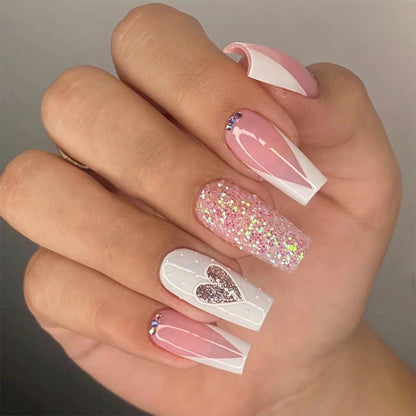 Twinkling Pink Confetti | Long Coffin Manicure  | Press On Nails N472