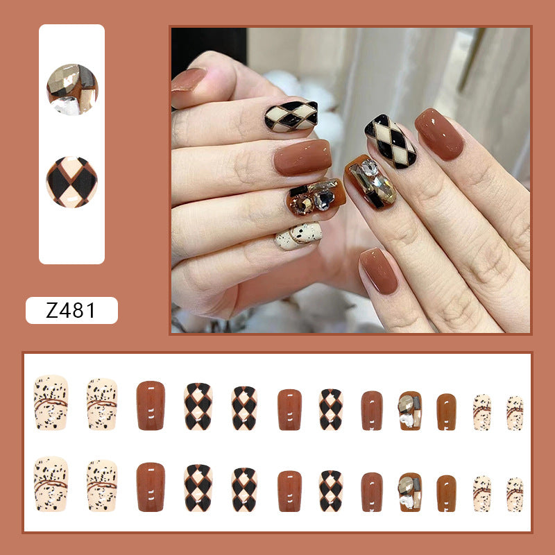 Fancy Rhinestone Brown Checkerboard| Short Squoval Manicure | Press On Nail