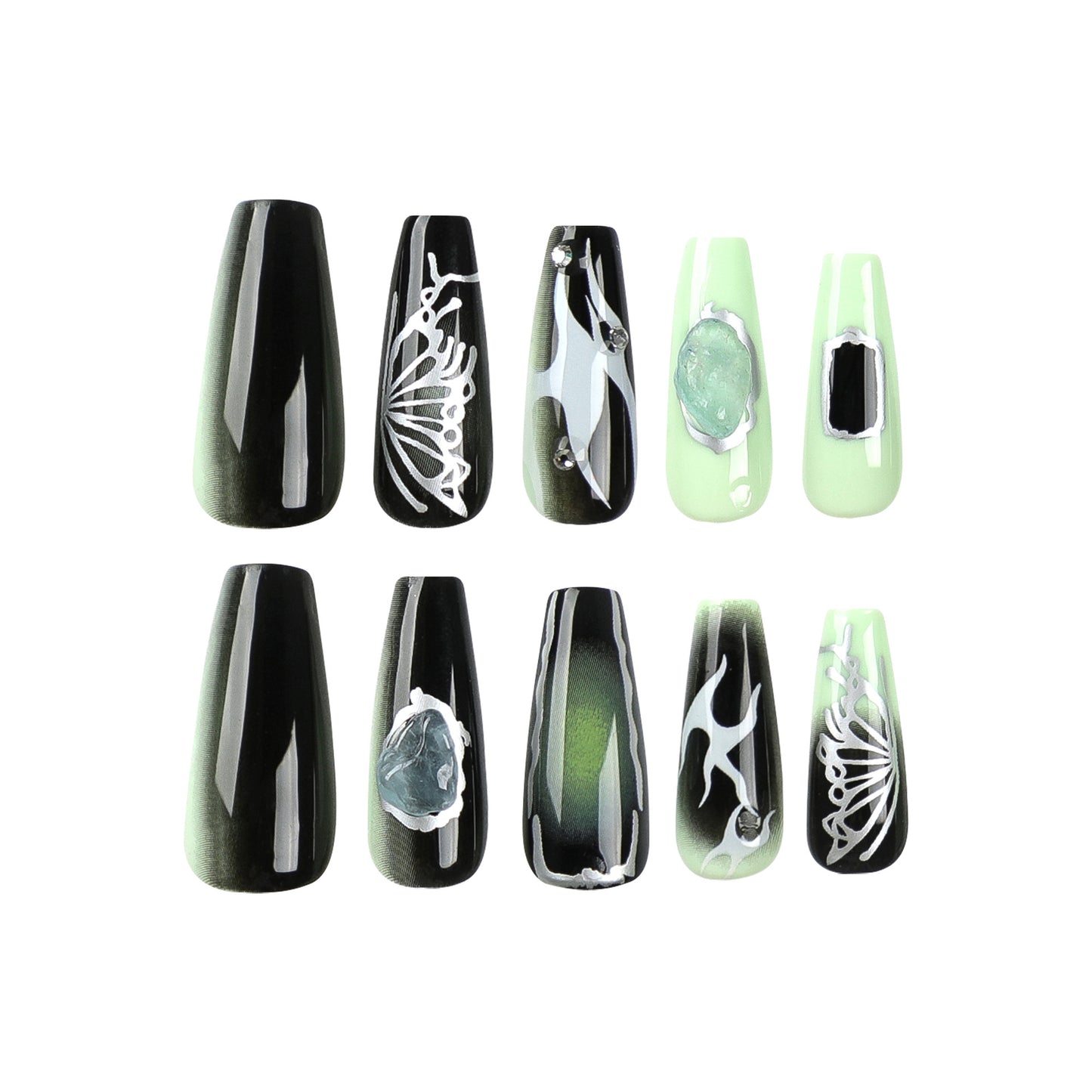 Neon Green Night Wings| Long Coffin Manicure | Press On Nails N626