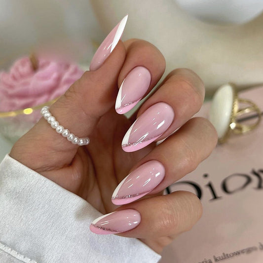 Dazzling Soft Pink Glow| Medium Almond Manicure | Press On Nails N532