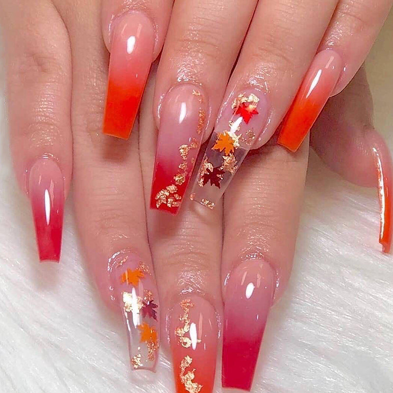 Fall Maple| Long Coffin Manicure | Press On Nails N526