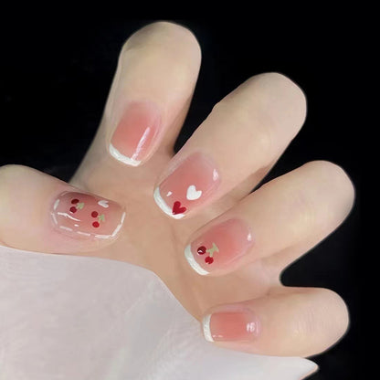 Cute Cherry Love Heart | Short Squoval Manicure | Press On Nail