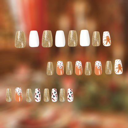 Glitzy Gingerbread | Medium Coffin Manicure | Press On Nails N397