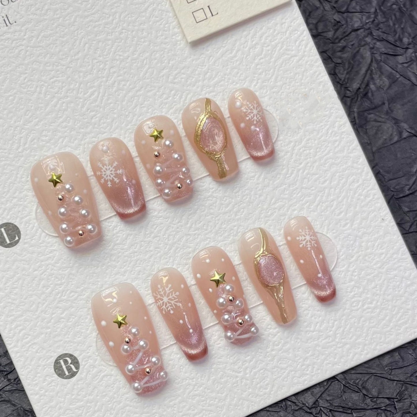 Blushing Snowflakes| Long Coffin Manicure| Handmade Press on Nails H81