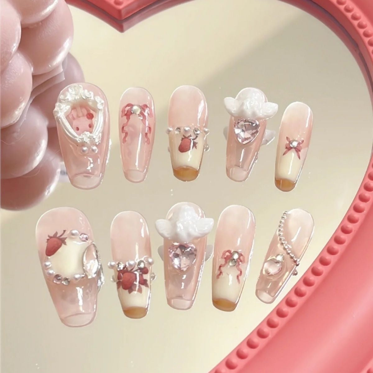 Sweet Strawberry Bunny| Long Coffin Manicure  | Handmade Press on Nails H35