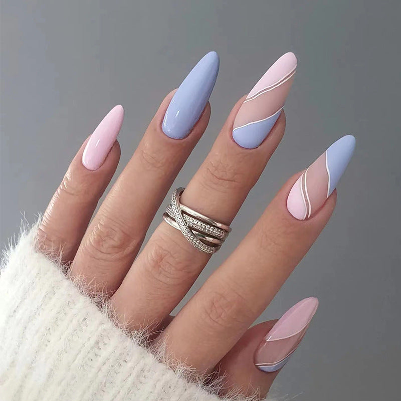 Baby Blue Pink Swirl|Medium Almond Manicure | Press On Nails N530