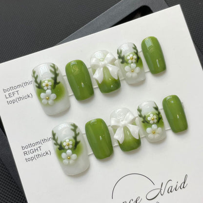 Spring Green|Medium Coffin Manicure |Handmade Press on Nails H286