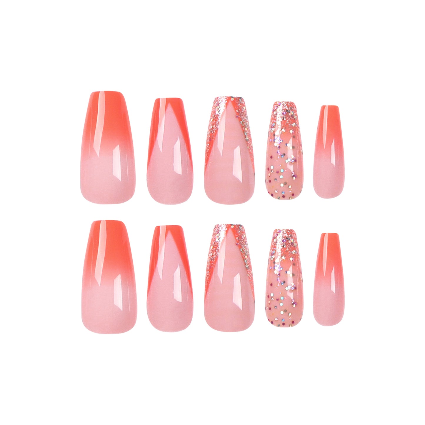 Glitzy Pink Coral | Long Coffin Manicure | Press On Nails N553