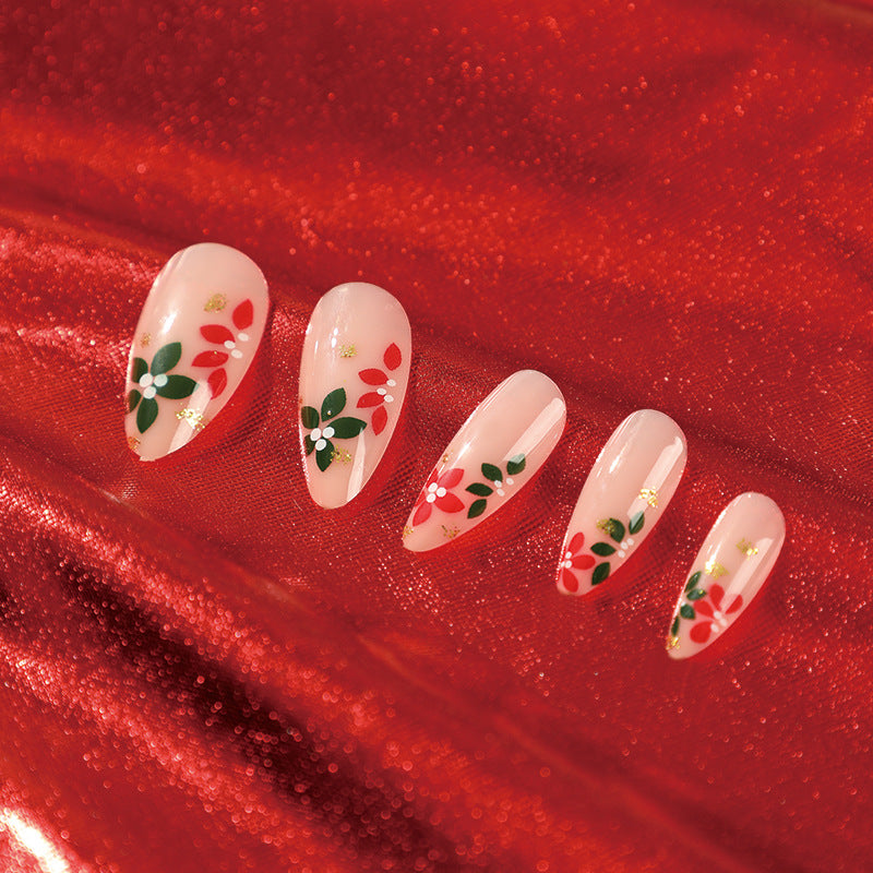 Scarlet & Emerald Blossoms | Medium Almond Manicure | Press On Nails N423