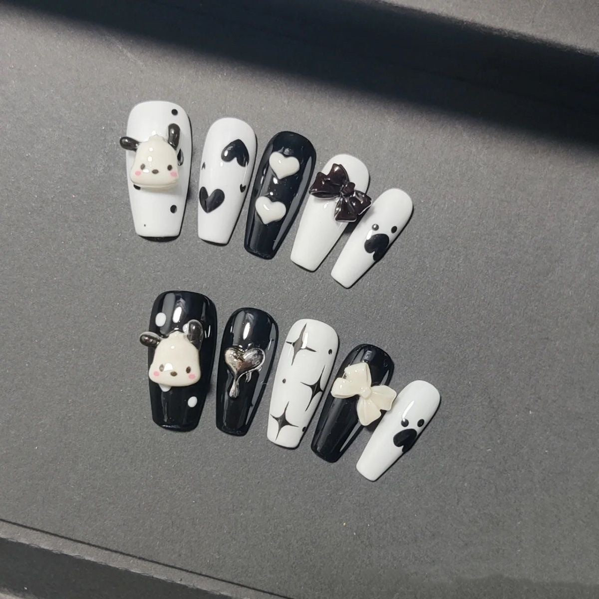 Sweet Pochacco Love| Long Coffin Manicure  | Handmade Press on Nails H52