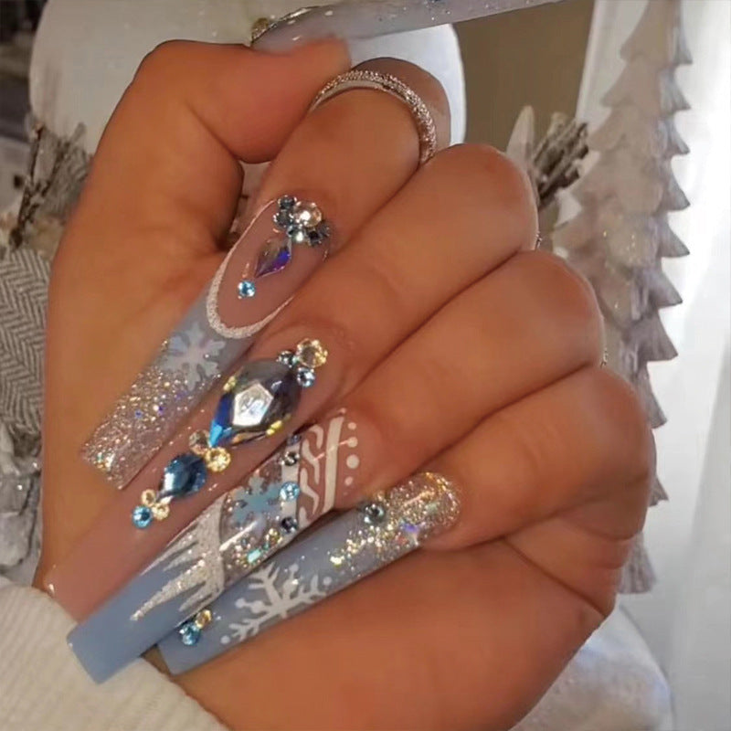 Diamond Snowflake | Long Coffin Manicure  | Press On Nails N490