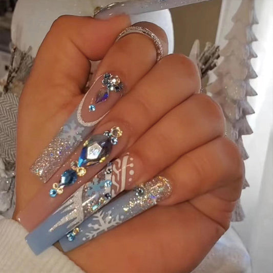 Diamond Snowflake | Long Coffin Manicure  | Press On Nails N490