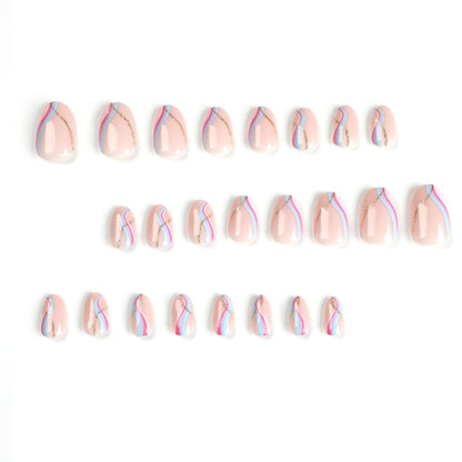 Tranquil Pink Blue Waves| Medium Almond Manicure | Press On Nails N392