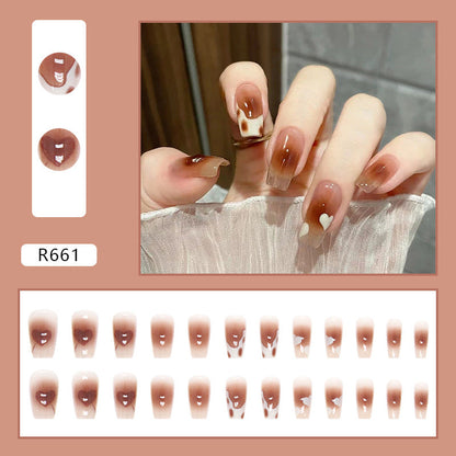 Brown Heart Cow French | Long Coffin Manicure  | Press On Nail