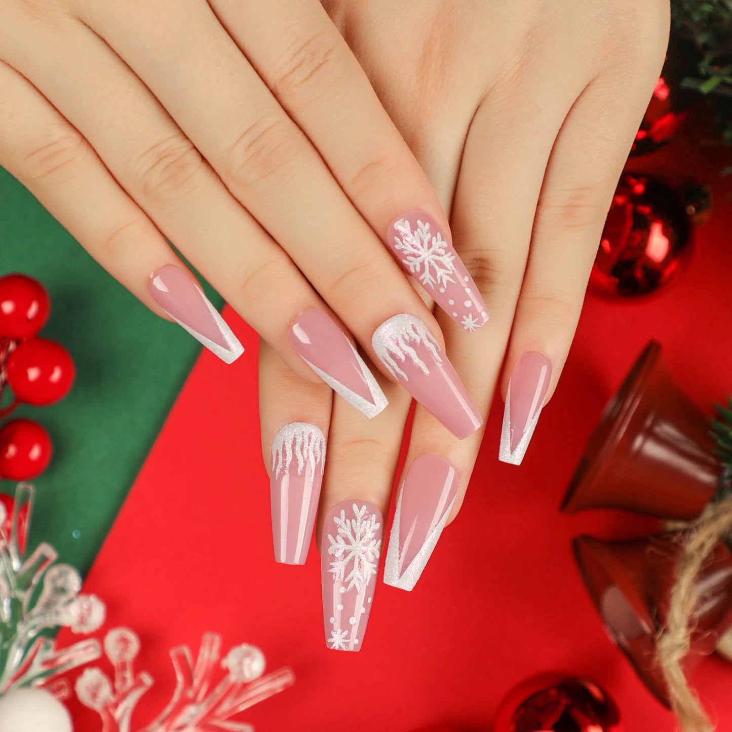 Christmas Blush Snowflakes| Long Coffin Manicure | Press On Nails N507