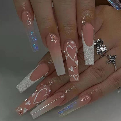 Pastel Pink Heart| Long Coffin Manicure  | Press on Nail