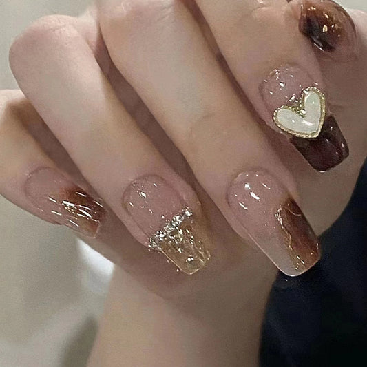 Caramel Ombre Heart Diamond| Long Coffin Manicure  | Press On Nail