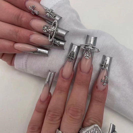 Cool Silver Cross| Long Coffin Manicure | Press On Nails N428