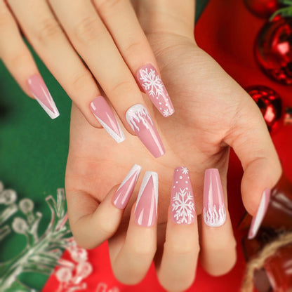 Christmas Blush Snowflakes| Long Coffin Manicure | Press On Nails N507