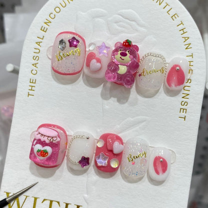 Lovely Strawberry Bear  | Short Squoval Manicure | Handmade Press On Nails H100