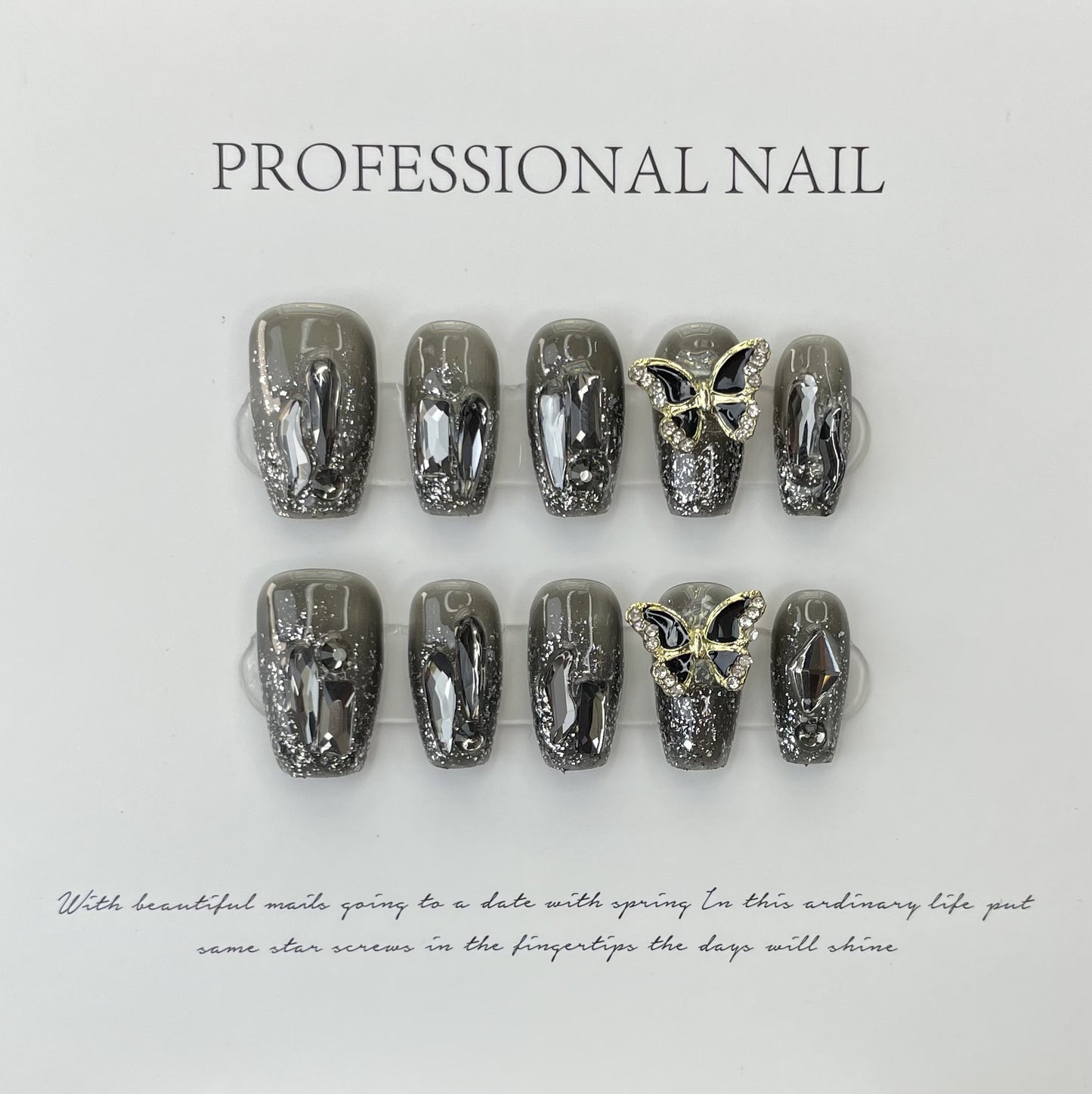 Gunmetal Butterfly| Long Medium Coffin Manicure | Handmade Press On Nail H288